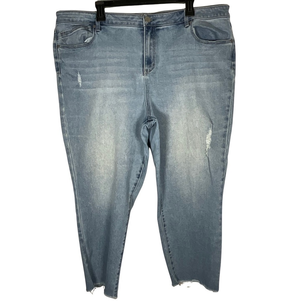 1822 Denim 22W Distressed Raw Hem Light Denim